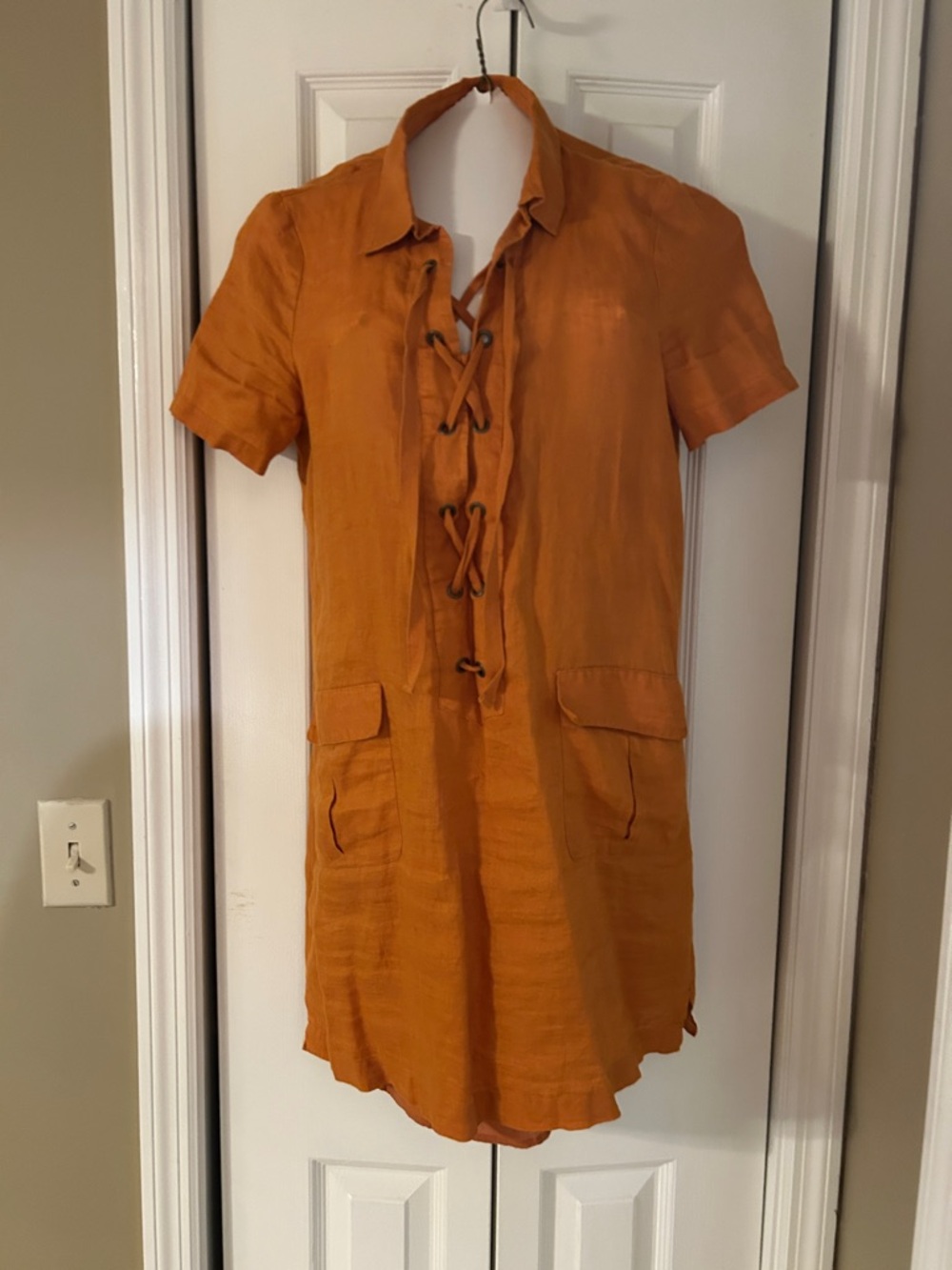 ANTHROPOLOGIE Maeve Orange Lace-up 100% Linen Dress 6 with lining